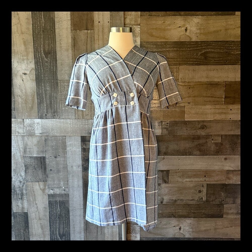 Handmade blue denim checkered wrap dress large retro cottagecore grannycore